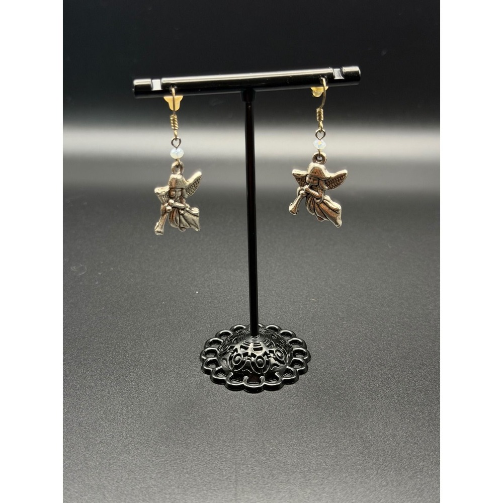 Silver Tone Angel Trumpet Cherub Drop Earrings Iridescent Bead Detail